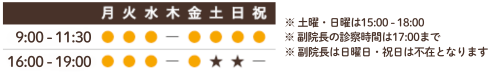 診療時間9:00-12:00 16:00-19:00 休業日：木、祝午後 ※土曜・日曜は15：00～18：30※副院長の診療時間は17：00まで
