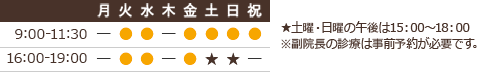 診療時間9:00-11:30 16:00-19:00 休業日：月、木、祝午後 ※土曜・日曜は15：00～18：00※副院長の診療は事前予約が必要です。